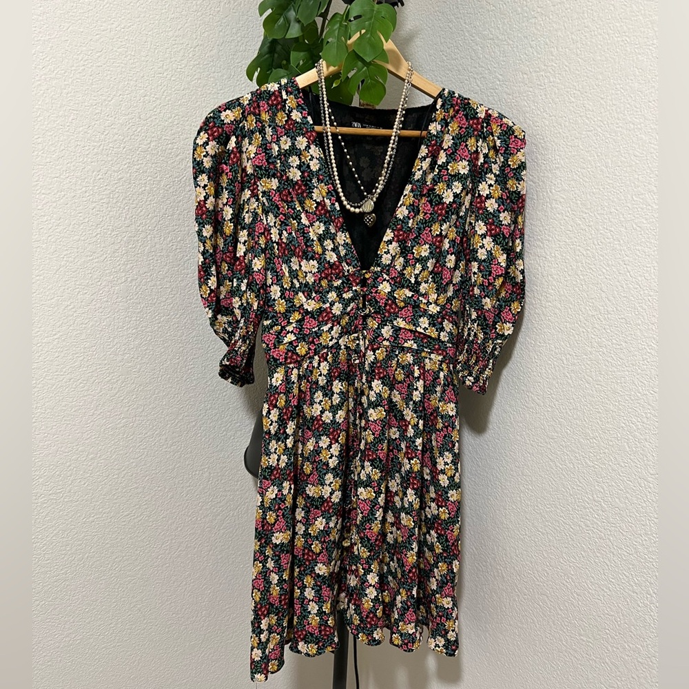 ZARA Floral Dress Padded Shoulders